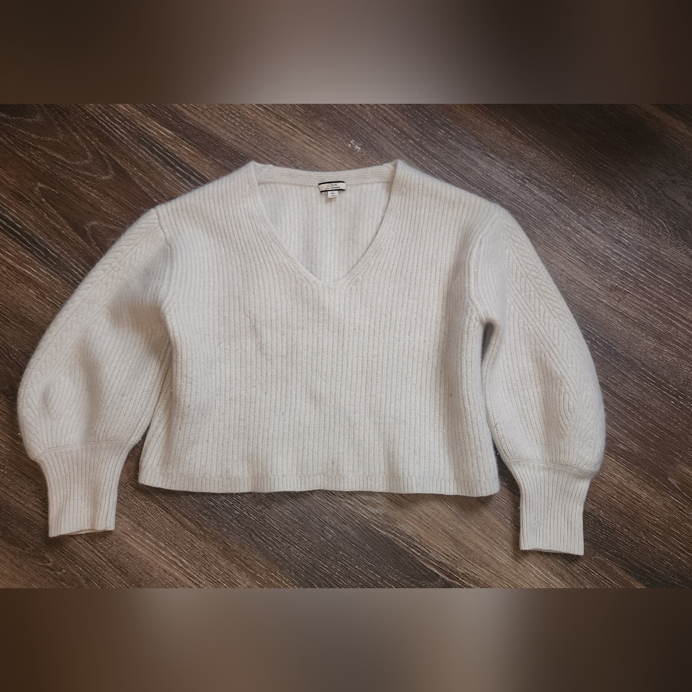 J CREW 100% Cashmere Cropped  Sweater Cream XL Balloon Sleeves Classy Casual